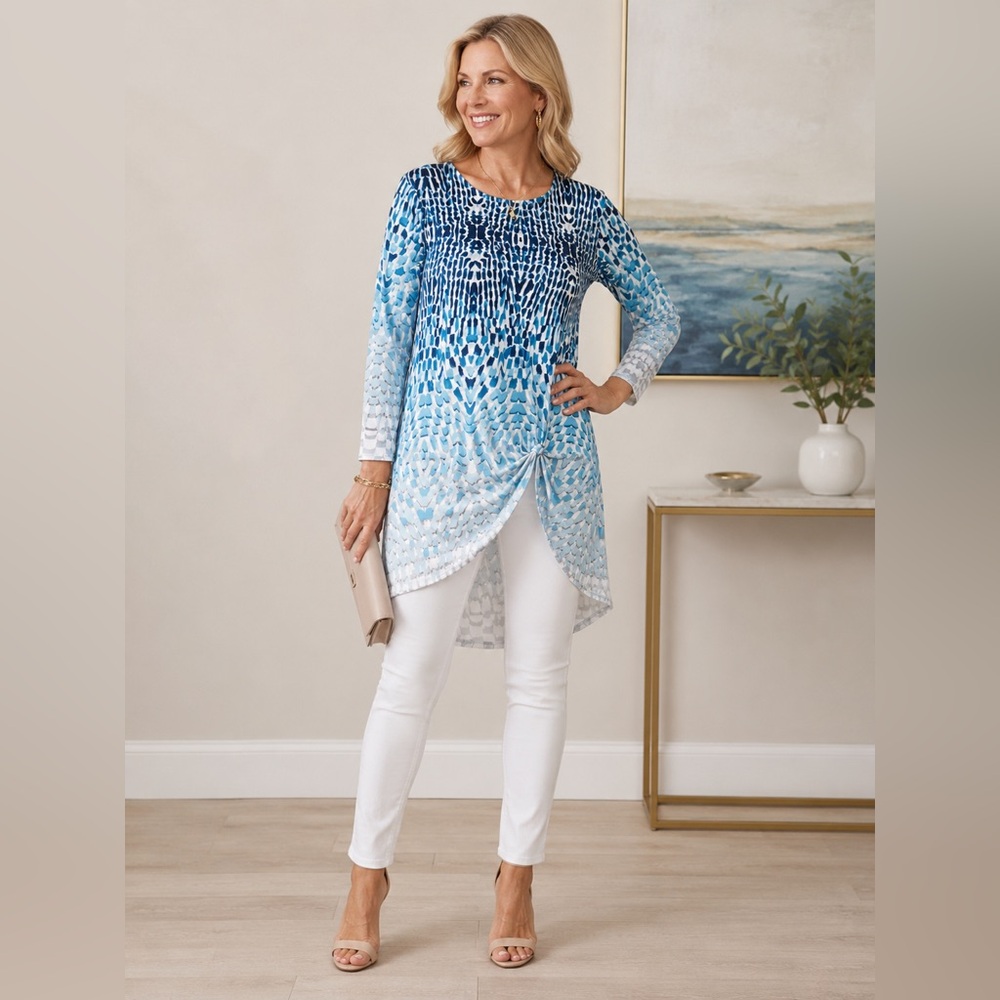 New Directions Blue and White Abstract Print Top